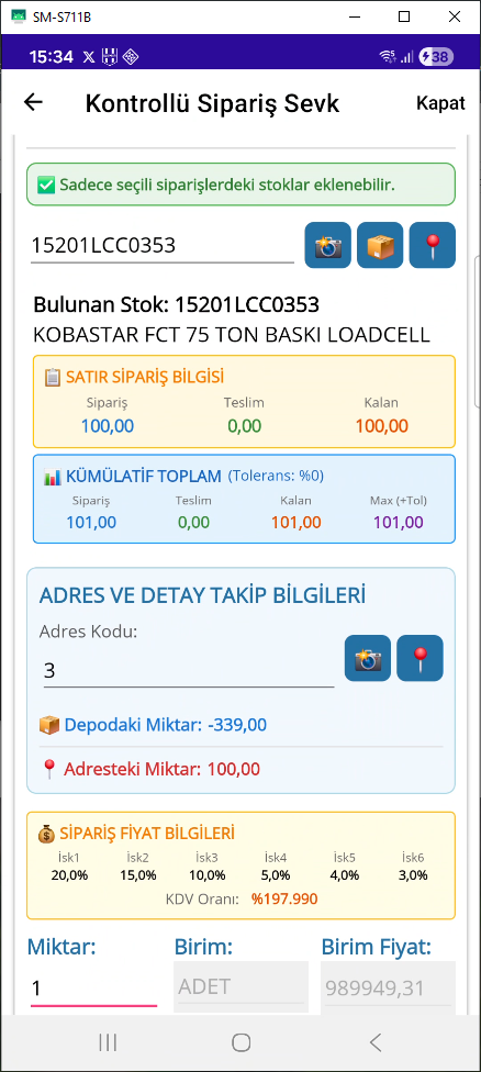 Sipariş Satır Seçimi