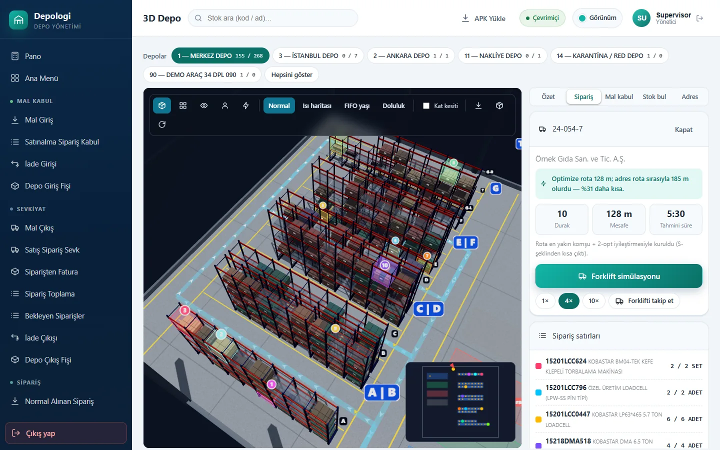Depologi 3D depoda bir siparişin toplama rotası