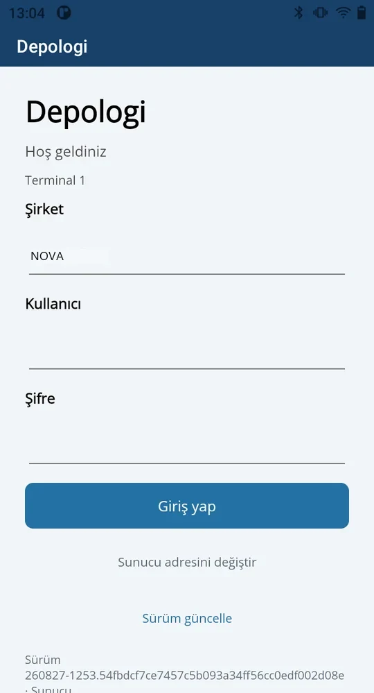 Depologi Android giriş ekranı ve şirket seçimi