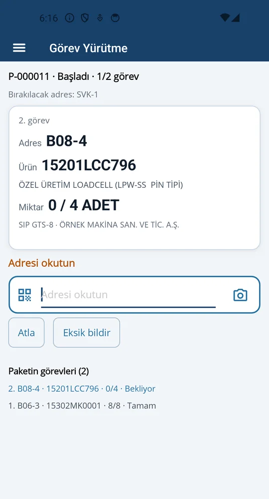 Depologi el terminali görev ekranı: adres, ürün, miktar ve kasa sırasıyla toplama