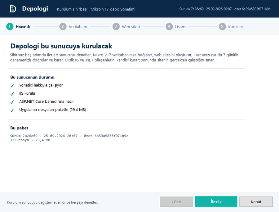 Depologi sunucu kurulum sihirbazının hazırlık adımı: IIS ve .NET denetimi