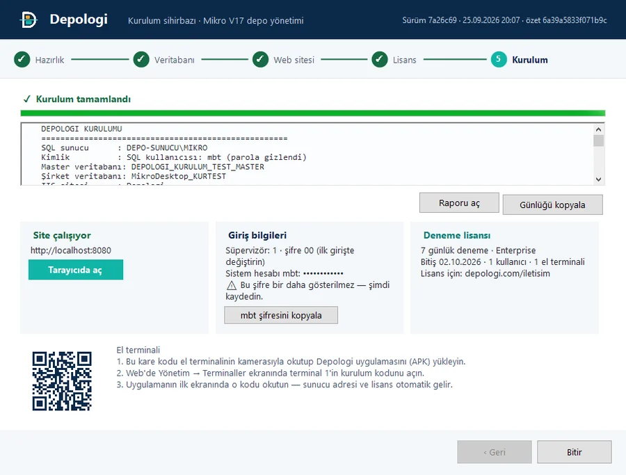 Depologi kurulum sihirbazı adım 6: site adresi, APK bağlantısı ve QR