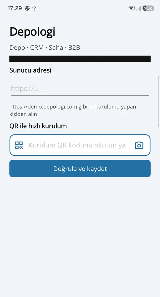 Depologi Android uygulamasında kurulum QR'ı okutularak sunucuya bağlanma