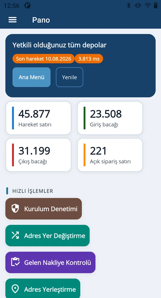 Depologi Android el terminali ana ekranı: mal kabul, sevkiyat, sayım ve görev menüsü