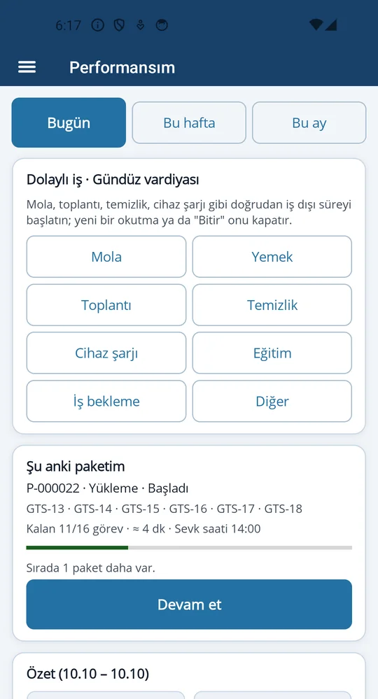 Depologi el terminali: personelin kendi performans raporu