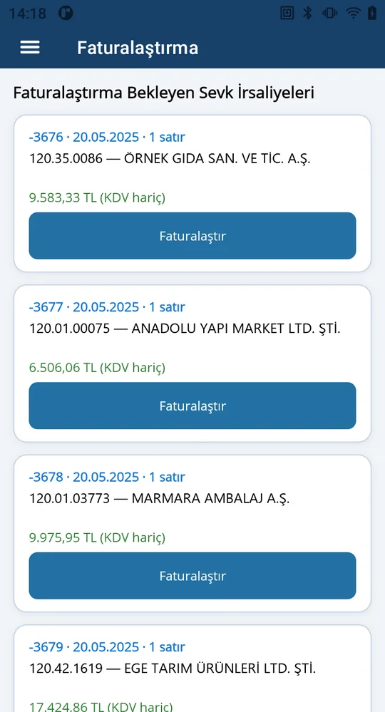 Depologi saha uygulamasında araçtan satış faturası