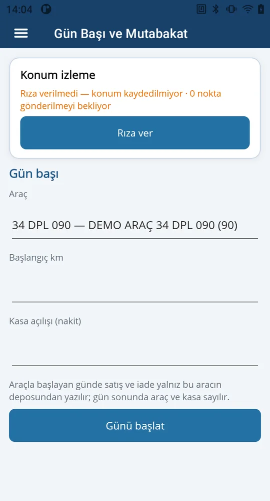 Depologi saha uygulaması gün başı: araç, kilometre ve kasa açılışı