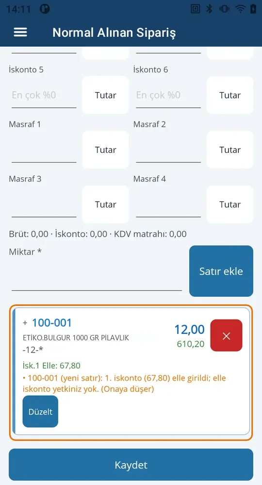 Depologi saha uygulaması sipariş satırı girişi