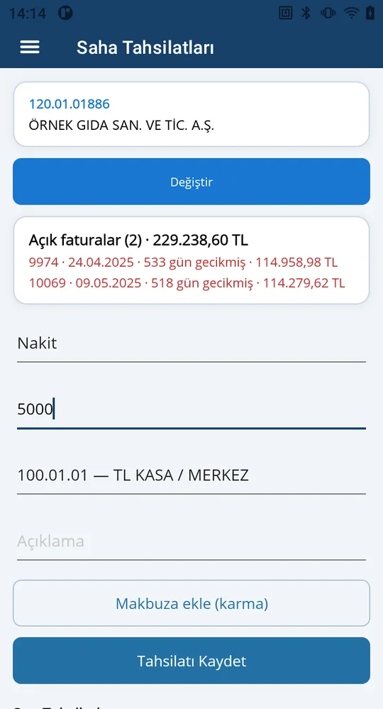 Depologi saha uygulamasında tahsilat makbuzu