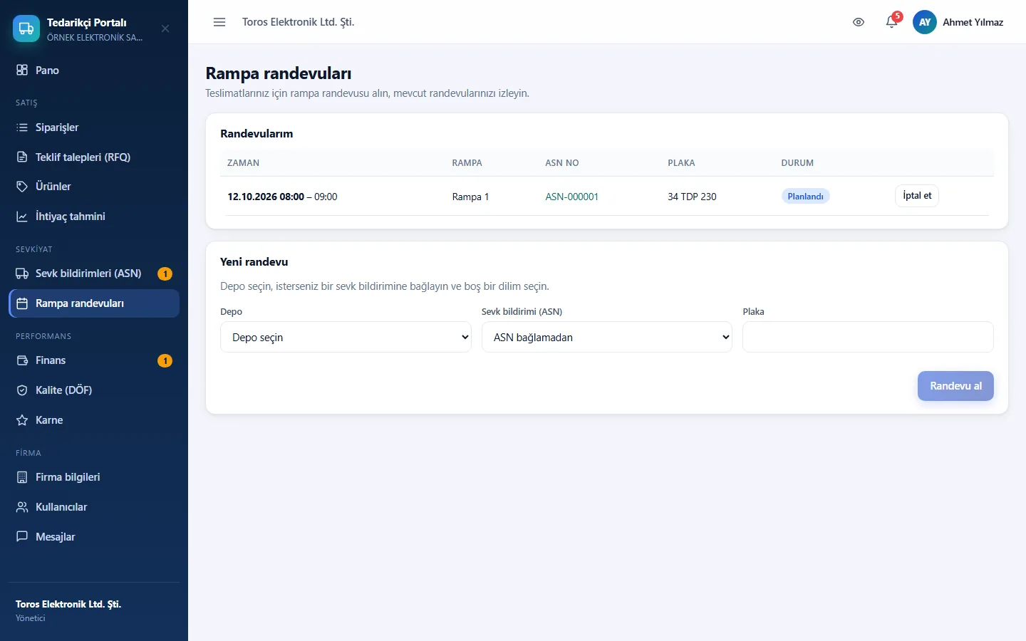 Depologi tedarikçi portalı rampa randevusu ekranı