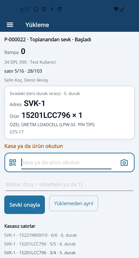 Depologi el terminali: ekiple araç yükleme ekranı