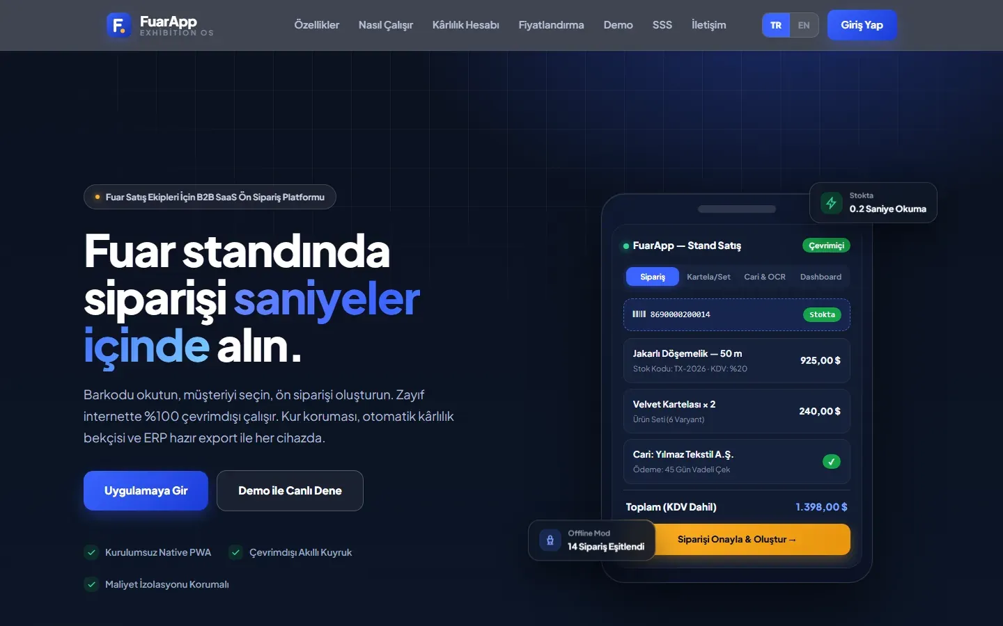 FuarApp tanıtım sayfası: fuar standında barkodla ön sipariş
