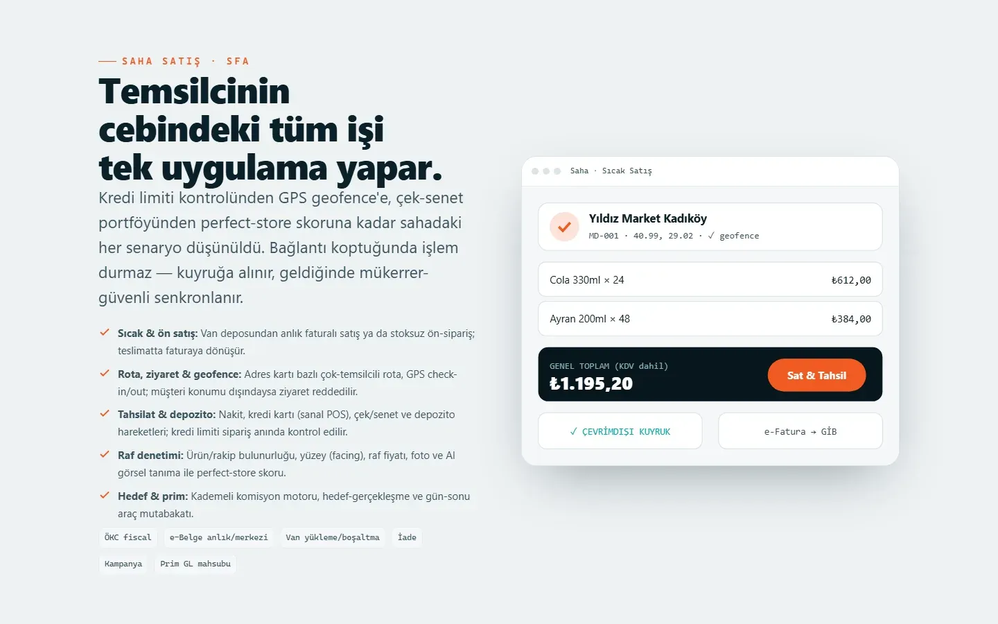 MindAeon saha satış ekranı: sıcak satış, çevrimdışı kuyruk ve tahsilat