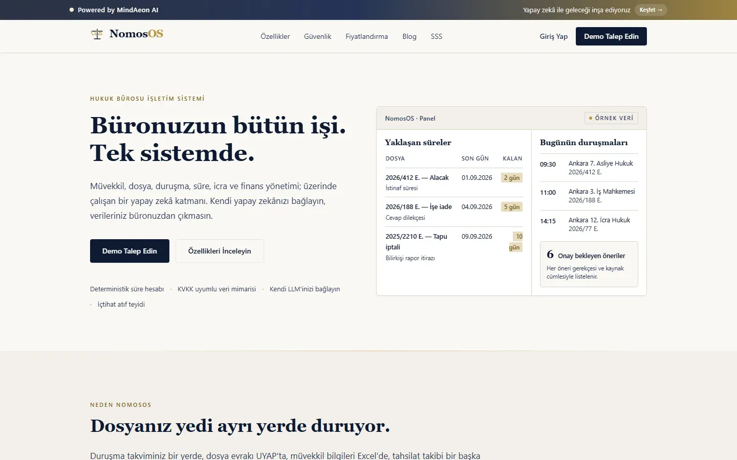 NomosOS tanıtım sayfası: yaklaşan süreler ve günün duruşmaları paneli