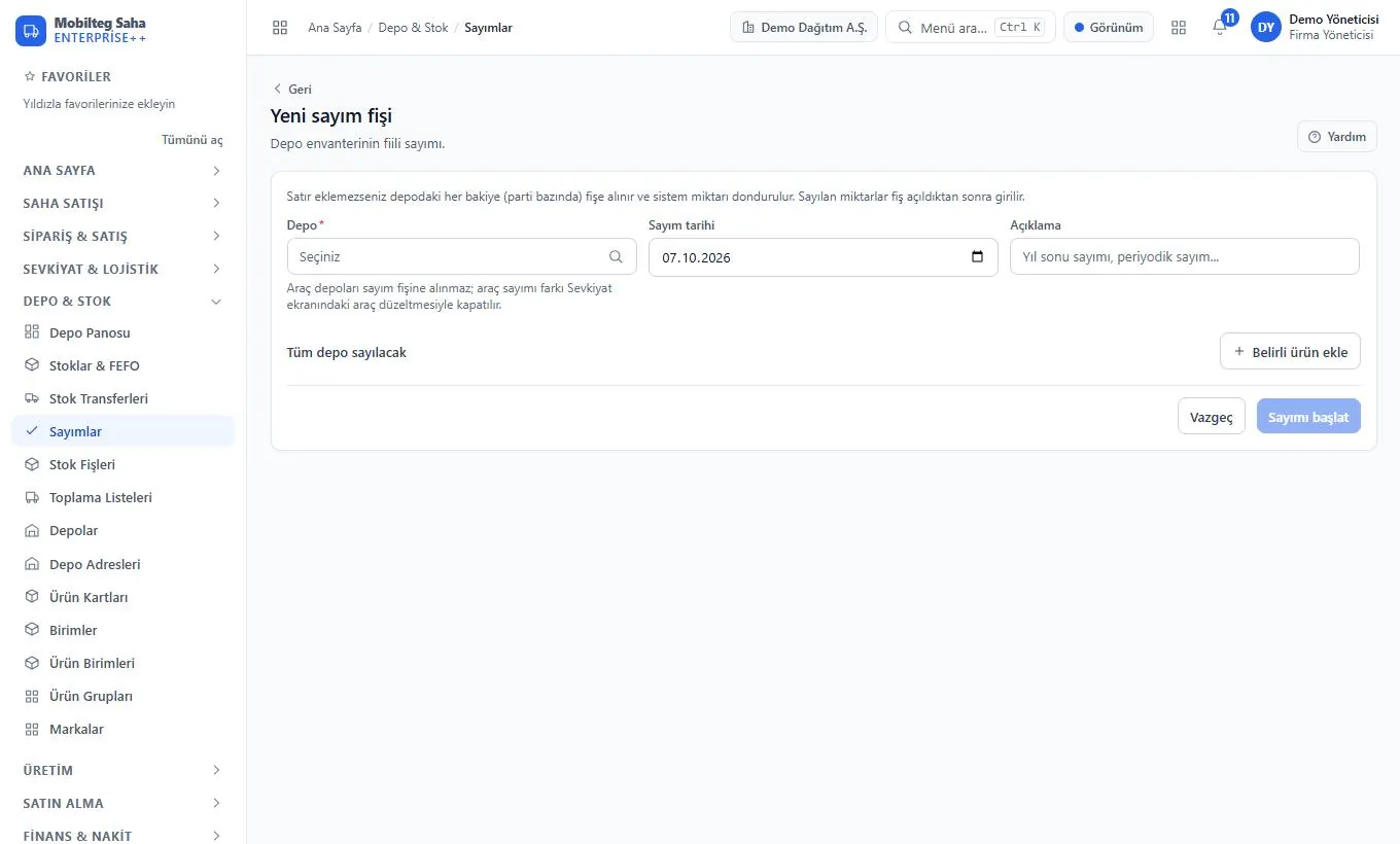 Mobilteg Saha panelinde depo sayım ekranı