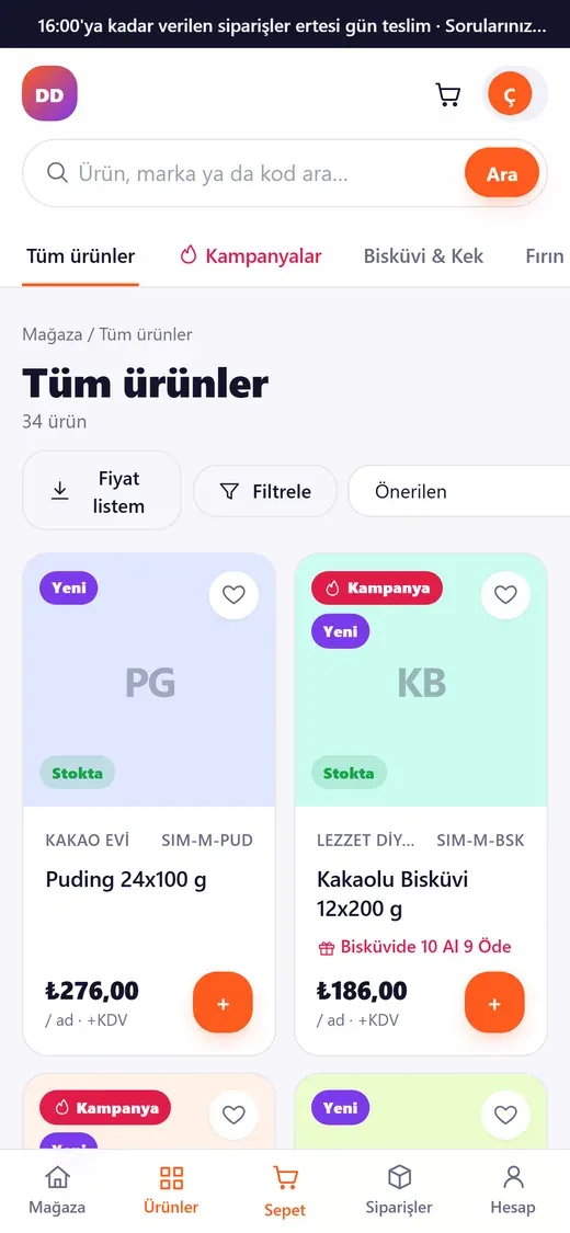 Mobilteg Saha B2B Mağaza telefon görünümü: katalog ve çekmece sepet