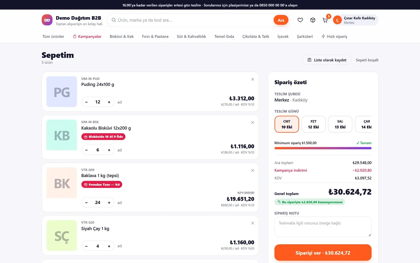 Mobilteg Saha B2B Mağaza sepeti: kampanyalar, minimum tutar ve kalan kredi limiti