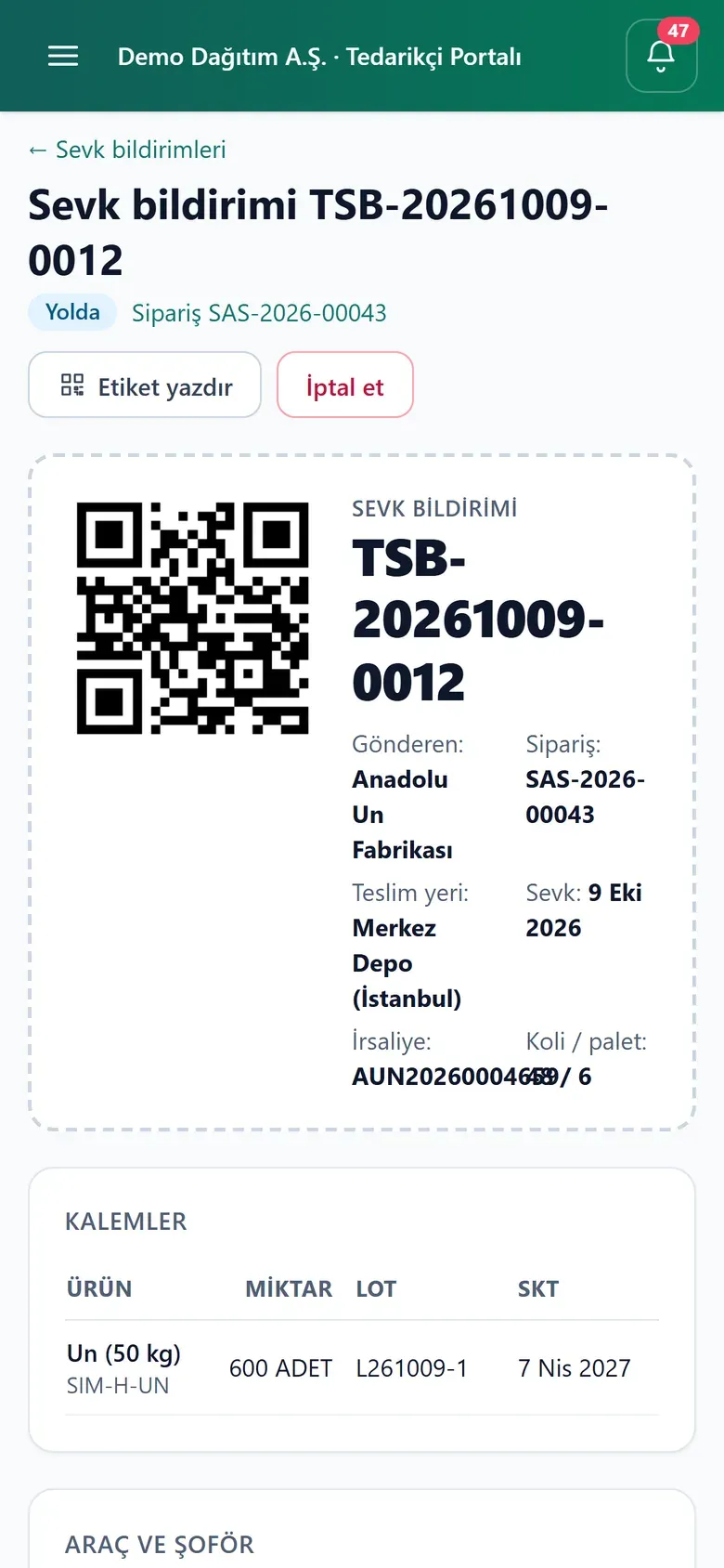 Mobilteg Saha tedarikçi portalı telefonda: sevk bildirimi girişi