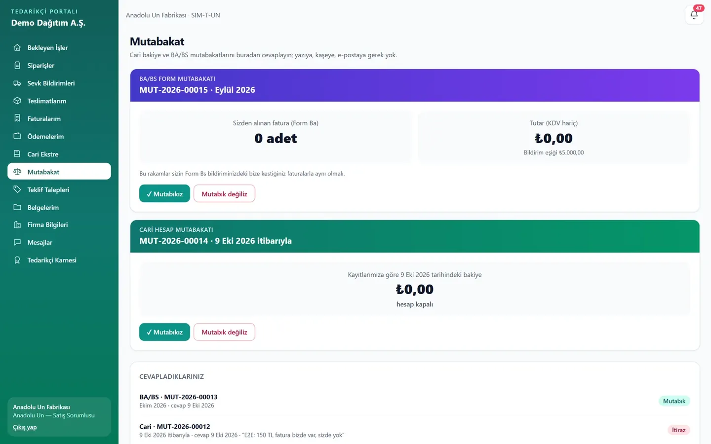 Mobilteg Saha tedarikçi portalı cari ve BA/BS mutabakatı