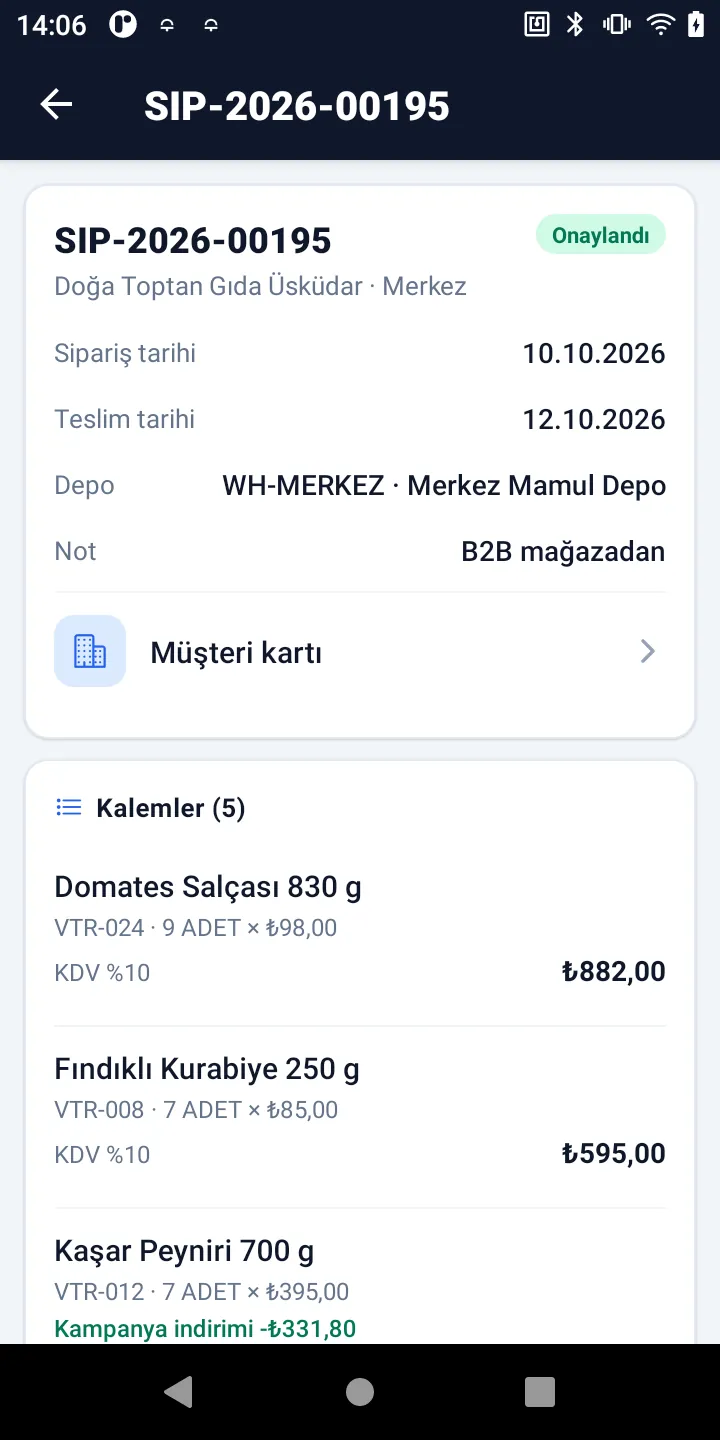 Mobilteg Saha telefon uygulaması: sipariş ayrıntısı