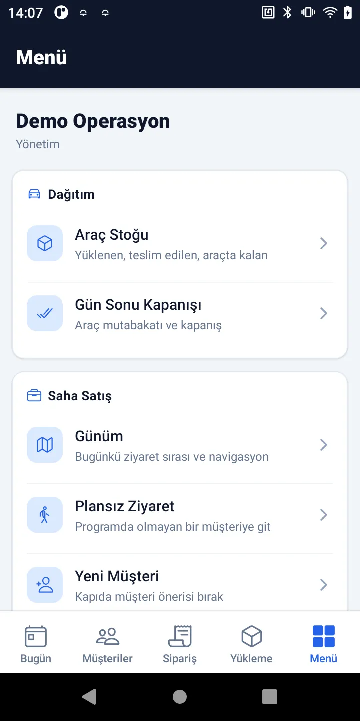 Mobilteg Saha plasiyer uygulaması ana menüsü: ziyaret, sipariş, satış, tahsilat ve gün sonu